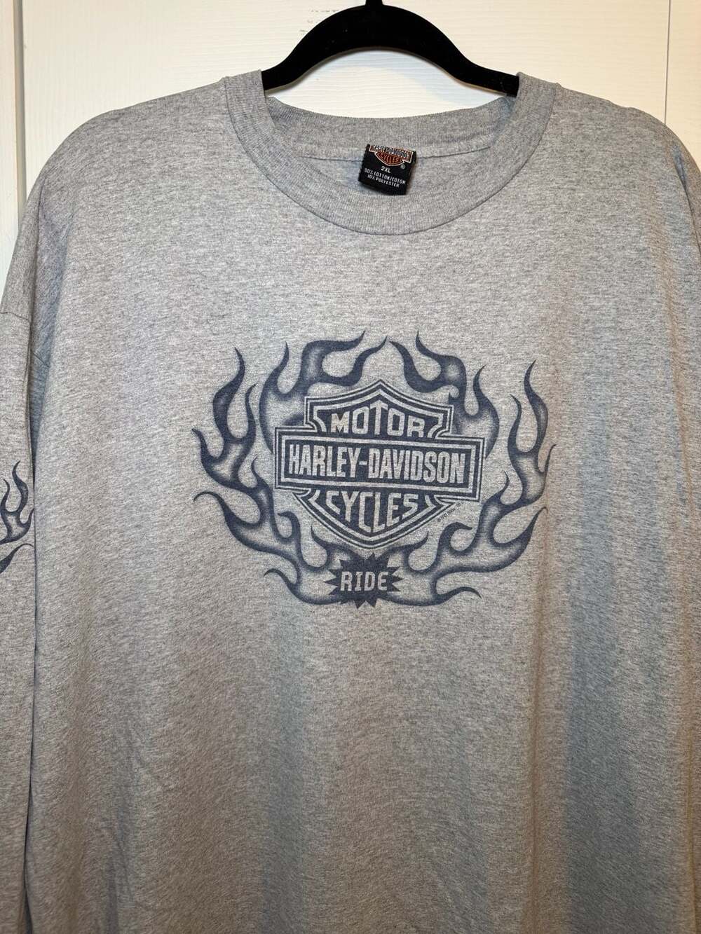 Harley Davidson Vintage 2004 Blue Flame Long Sleeve Grey T-Shirt 2XL